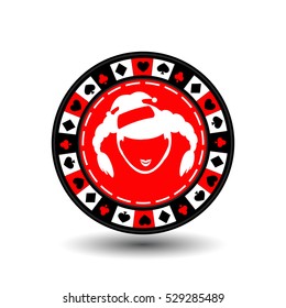 poker chip Christmas new year. on a white background to separate easily. Use for websites, decoration, printing, etc. Girl Santa Claus white to red chip circle around the diamond, heart, club, spade.