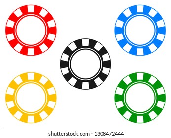 Poker chip colorful set icon. Red, blue, yellow, black and blue poker chips isolated on the white background