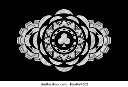 Poker chip icon inside chalk badge. Chalkboard fashionable background. Artistic illustration. 