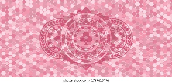 Poker chip icon inside pink color tiles mosaic pattern realistic badge. Geometric hexagon luxurious background. Intense illustration. 