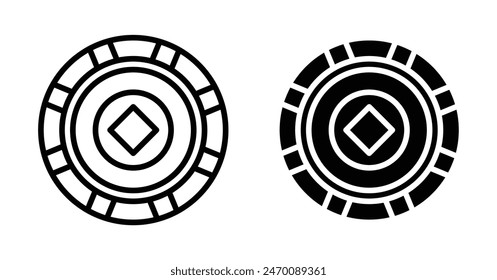 Poker chip icon set. casino gaming money coins vector symbol. gambling poker chip sign in black filled and outlined style.