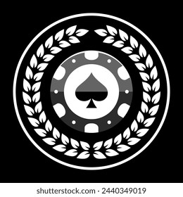 Poker chip logo and laurel wreath. Spades sign. Gambling emblem. Casino games.