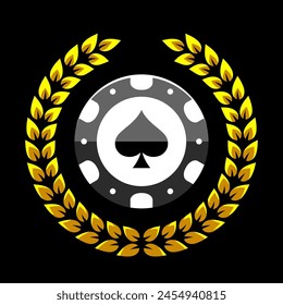 Poker chip logo and laurel wreath. Spades sign. Gambling emblem. Casino games.