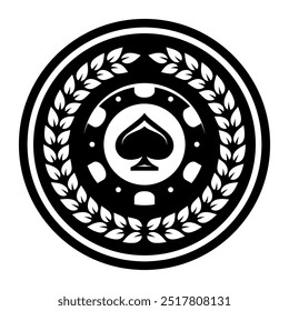 Poker chip logo and laurel wreath. Spades sign. Gambling emblem. Casino games.