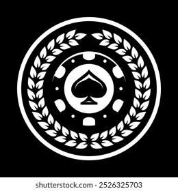 Poker chip logo and laurel wreath. Spades sign. Gambling emblem. Casino games.