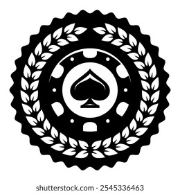 Logotipo de chip de pôquer e coroa de louro. Sinal de espadas. Emblema de jogo. Jogos de casino.