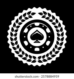 Poker chip logo and laurel wreath. Spades sign. Gambling emblem. Casino games. Not generated by AI.