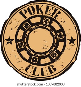 Poker chip logo on craft paper background. Poker club vector round shabby emblem design. Chip vintage grunge style icon stamp. Gambling stamp round seal imitation. Casino hazard risk game.