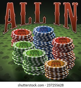 Poker chip many green background text All in.
