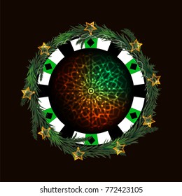 poker chip New Year on a dark background with a glowing lantern. neon snowflake in the middle. diamond green