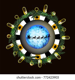 poker chip New Year on a dark background with a glowing lantern. santa claus on a sleigh with deer in the background of the moon. yellow company