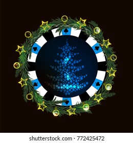 poker chip New Year on a dark background with a glowing lantern. with blueberry in the middle