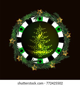 poker chip New Year on a dark background with a glowing lantern. with a green tree in the middle