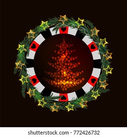 poker chip New Year on a dark background with a glowing luminous in the form of stars. with a red Christmas tree in the middle

