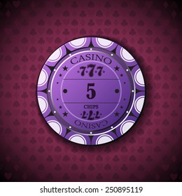 Poker chip nominal five, on card symbol background.