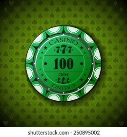 Poker Chip Nominal One Hundred, On Card Symbol Background.