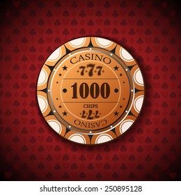 Poker chip nominal, one thousand on card symbol background.