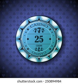 Poker chip nominal twenty five, on card symbol background.