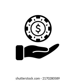 Poker Chip on Hand Glyph Icon. Coin Lucky Play Risk Gambling Game Club Flat Symbol. Money Bet Circle Token. Chip Casino Roulette Black Silhouette Pictogram. Isolated Vector Illustration.