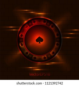 poker chip. outline of a poker game chip on a dark background. neon chip. vector illustration