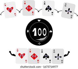 poker chip and square of aces funny cartoon characters combined into a strong combination casino and board games concept