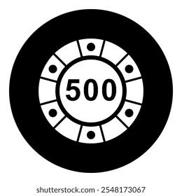 A poker chip symbol in the center. Isolated white symbol in black circle. Vector illustration on white background