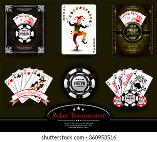 Poker chip.Casino background.Vip.Vintage style and Poker Tournament label. Joker. King. Ace. Royal flush