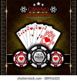 Poker chip.Casino. Ornaments background.Vip.Vintage style and Poker Tournament label. Royal flush. All-in.