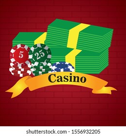 Poker chips and bills on a casino background - Vector illustration