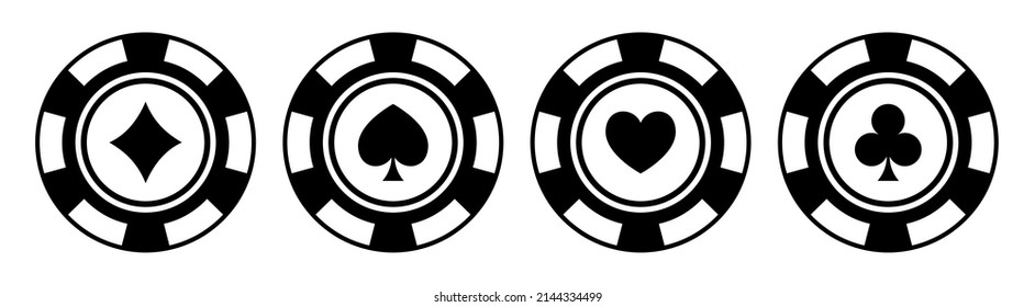 Poker chips black icons vector set. Playing poker concept. Isolated Casino poker chip logo. Poker symbols. Vector illustration.	