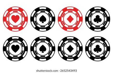 Jogo de vetor de ícones pretos de fichas de poker. Logotipo isolado do chip de poker Casino. Símbolos de pôquer com espadas, corações, diamantes, paus. Jogando poker Ilustração de modelo Vetor