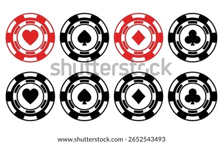 Poker chips black icons vector set. Isolated Casino poker chip logo. Poker symbols with spades, hearts, diamonds, clubs. Playing poker Vector template illustration