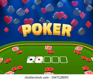 Poker chips and cards casino banner. Isolated on dark background. Vector illustration