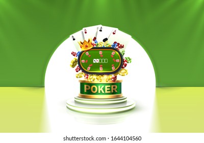 Poker chips and cards casino banner. Isolated on green background. Vector illustration