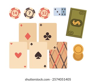 Poker chips and cards deck, dice throwing cubes, betting money in cash. Vector isolated flat game board set for playing and gambling. Leisure time and relaxation. Dollar banknotes and coins