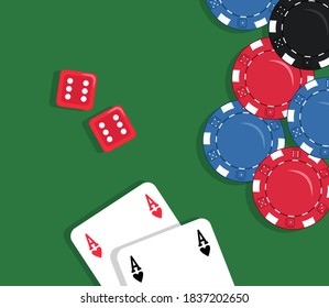 poker chips, cards and dices on a green background. Vector. Poker. Red cubes. Chips