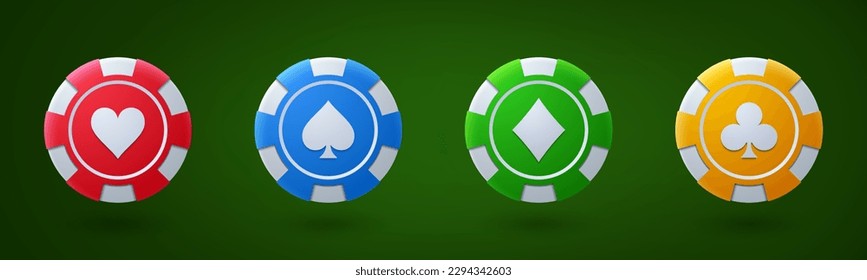 Poker chips, casino game icons. Gambling coins, four tokens with card signs of diamond, heart, spade and club isolated on green background, vector realistic set