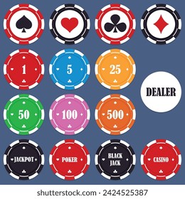 Poker chips, casino game icons. Gambling coins, four tokens with card signs of diamond, heart, spade and club isolated on background. Vector illustration of red, blue, green, yellow gambling tokens.