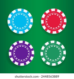 Poker Chips, Casino game icons. Gambling Coins, isolated on green background, vector realistic set.