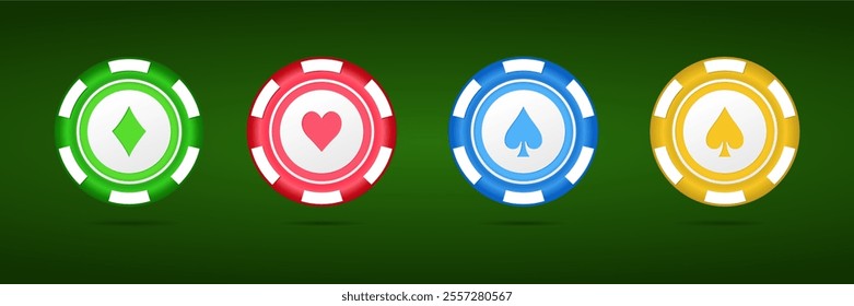 Poker chips, casino game icons. Gambling coins, four tokens with card signs of diamond, heart, spade and club