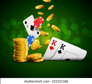 Poker chips casino green poster. Gamble cards and coins success winner royal casino background.