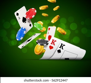 Poker chips casino green poster. Gamble cards and coins success winner royal casino background.