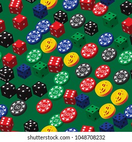 Poker Chips Dice and Coins Seamless Pattern