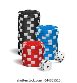 Poker chips and dice isolated on white background. Vector illustration.