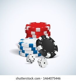 Poker chips with dice on a light background. Vector illustration.