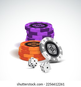 Poker chips with dice on a light background. Vector illustration.