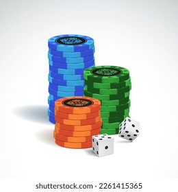 Poker chips with dice on a light background. Vector illustration.