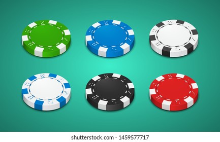 Poker chips in different color. White, red, blue, green and black chips on light background. Vector illustration.