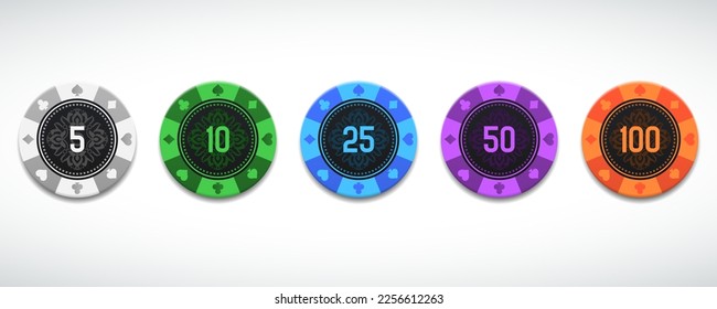 Poker chips in different color. White, green, blue, purple and orange chips on light background. Vector illustration.