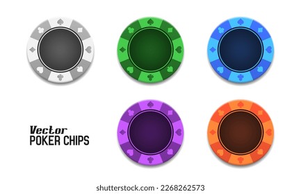 Poker chips in different color. White, green, blue, purple and orange chips on white background. Vector illustration.